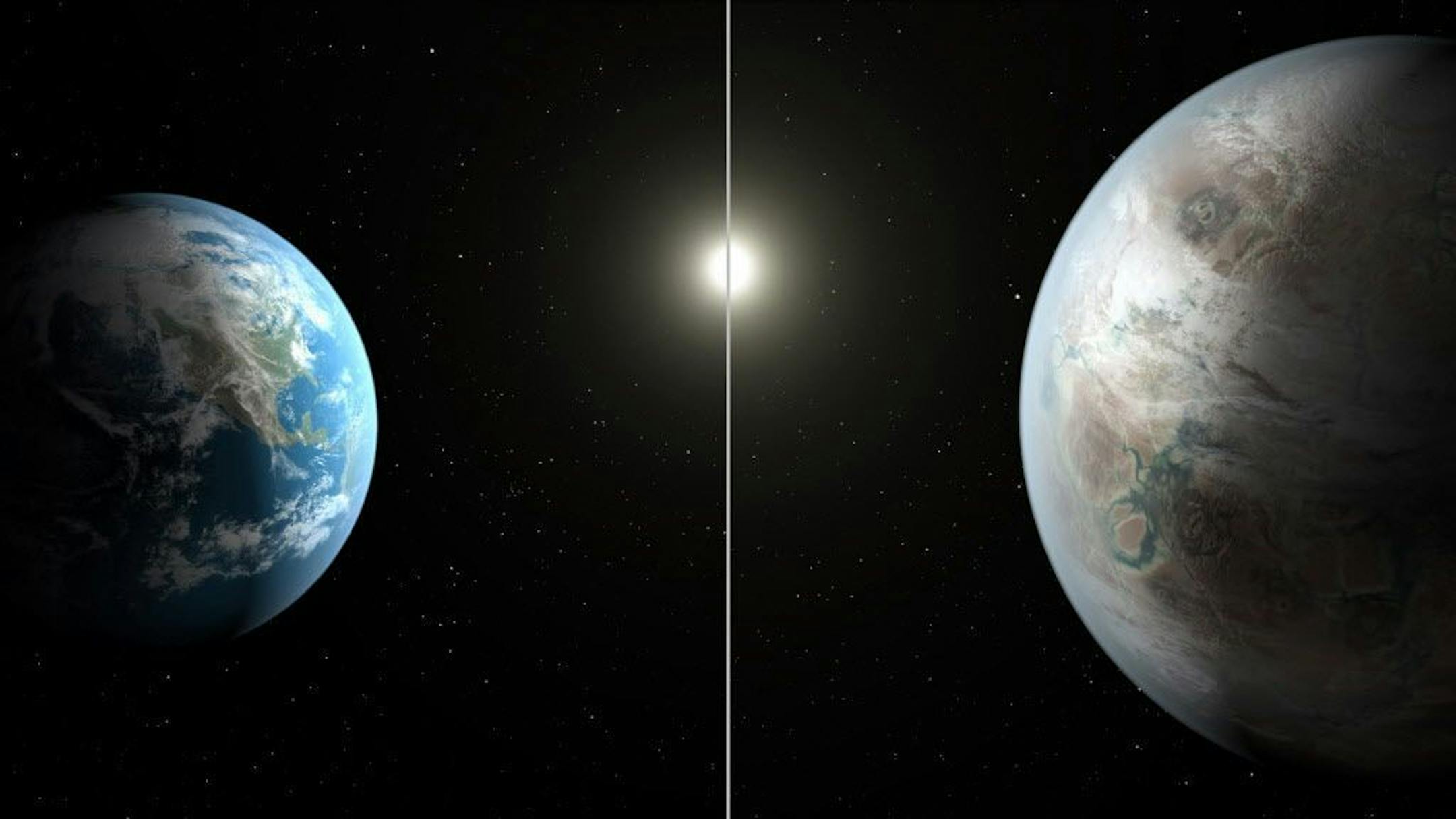 This artist's rendering made available by NASA on Thursday, July 23, 2015 shows a comparison between the Earth, left, and the planet Kepler-452b. It is the first near-Earth-size planet orbiting in the habitable zone of a sun-like star, found using data from NASA's Kepler mission. The illustration represents one possible appearance for the exoplanet - scientists do not know whether the it has oceans and continents like Earth.