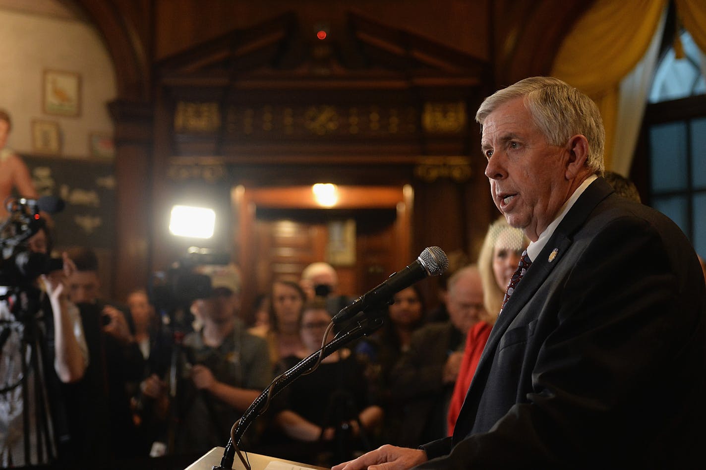 Missouri Gov. Mike Parson addresses the media on the last day of legislative session at the Missouri State Capitol Building on May 17, 2019 in Jefferson City, Missouri. (Michael B. Thomas/Getty Images/TNS) ORG XMIT: 1732225