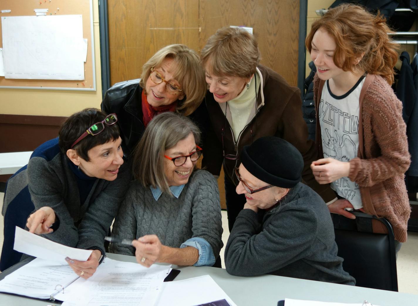 Clockwise from far left: Cathy Fulle, Sue Scott, Katherine Ferrand, Caroline Innerbichler, Wnedy Lehr and Peggy O'Connell rehearsing "Four Sisters of Peace."