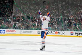 Oilers defenseman Philip Broberg celebrates after scoring against the Dallas Stars during the second period of Game 5.
