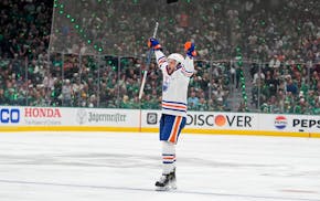 Oilers defenseman Philip Broberg celebrates after scoring against the Dallas Stars during the second period of Game 5.