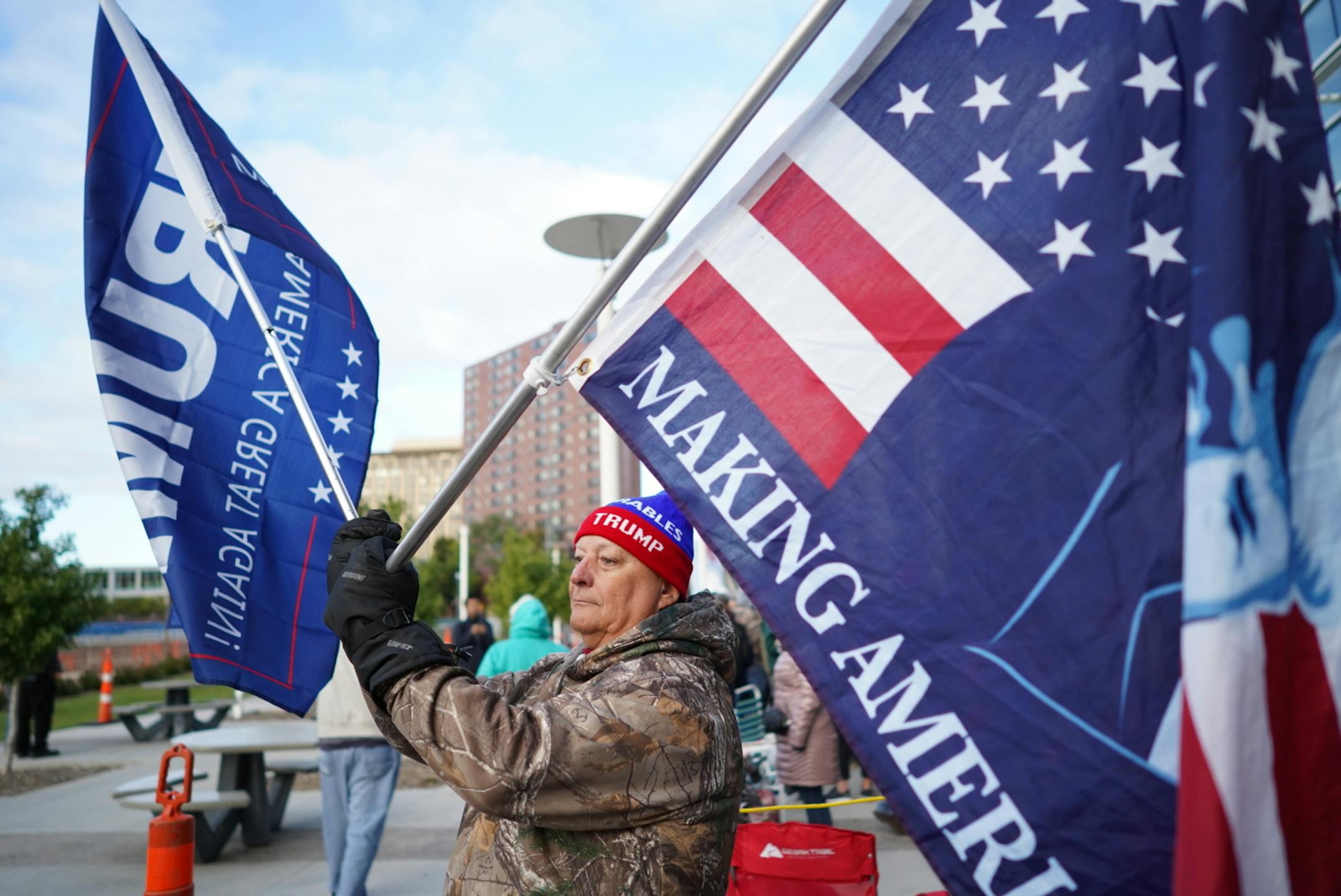 Stan Thom, of Big Lake, Minn., drove 120 miles Thursday morning to see President Trump speak at 6:30 p.m. He arrived in Rochester at 7 a.m.