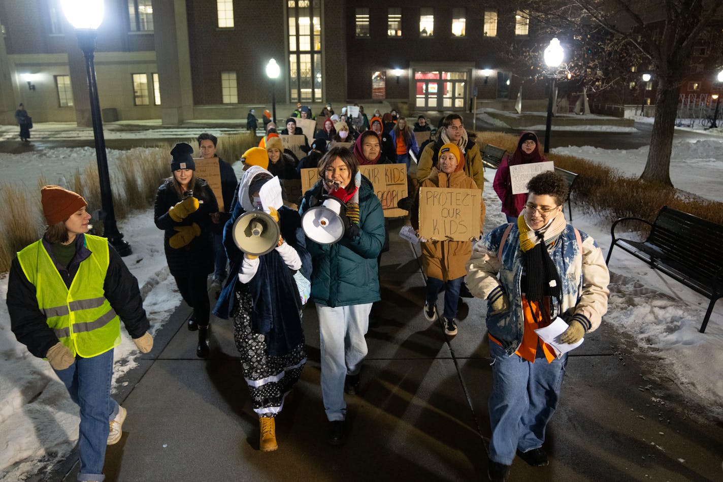 Around 50 activists marched to protest the Supreme Court agreeing to hear the Haaland v. Brackeen case Friday, Dec. 9, 2022 at the University of Minnesota in Minneapolis. The case would potentially overturn the Indian Child Welfare Act. ]