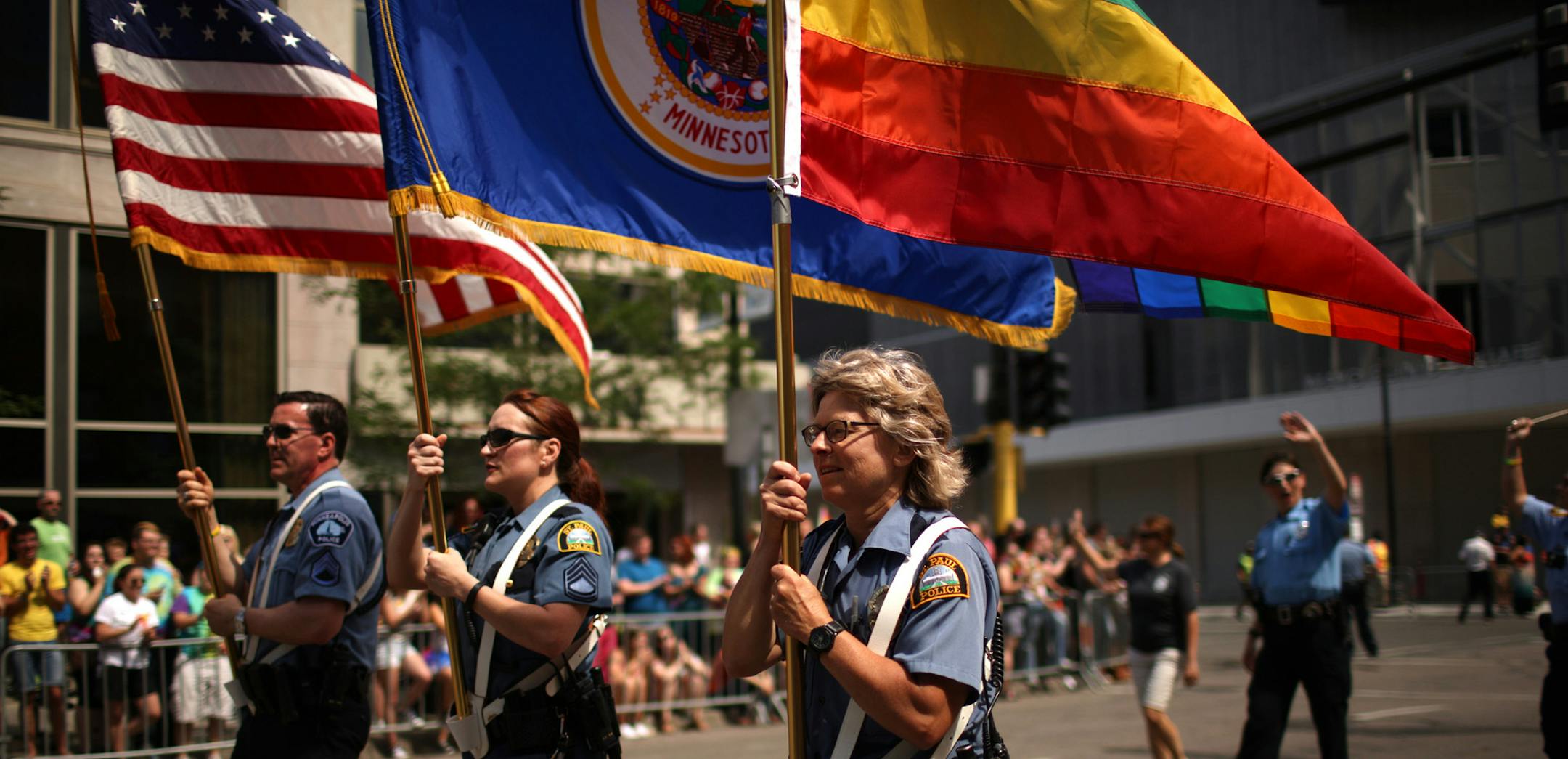 Officers from Minneapolis and St. Paul police departments led the parade down Hennepin Ave. Sunday morning. ] JEFF WHEELER ï jeff.wheeler@startribune.com The 2015 Ashley Rukes GLBT Pride Parade was held along Hennepin Ave. Sunday, June 28, 2015 in Minneapolis. ORG XMIT: MIN1506281137170142