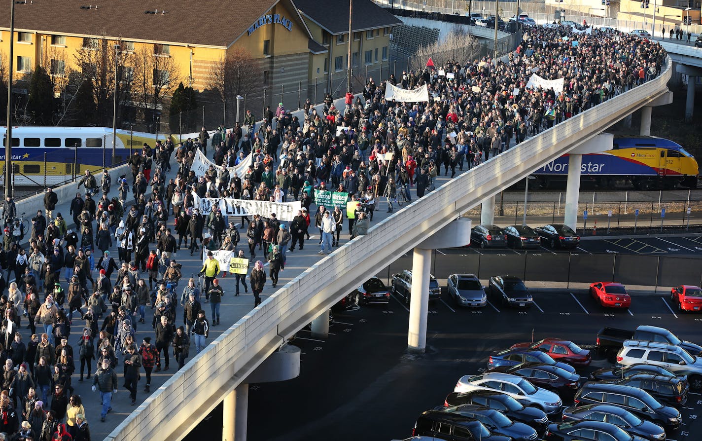 Black Lives Matter protesters marched Tuesday down 7th Street toward City Hall from the Fourth Precinct station in north Minneapolis.