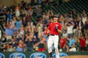 Minnesota Twins right fielder Max Kepler reacted after he hit an RBI single in the 10th inning that scored Kenta Maeda to win the game. ] JEFF WHEELER