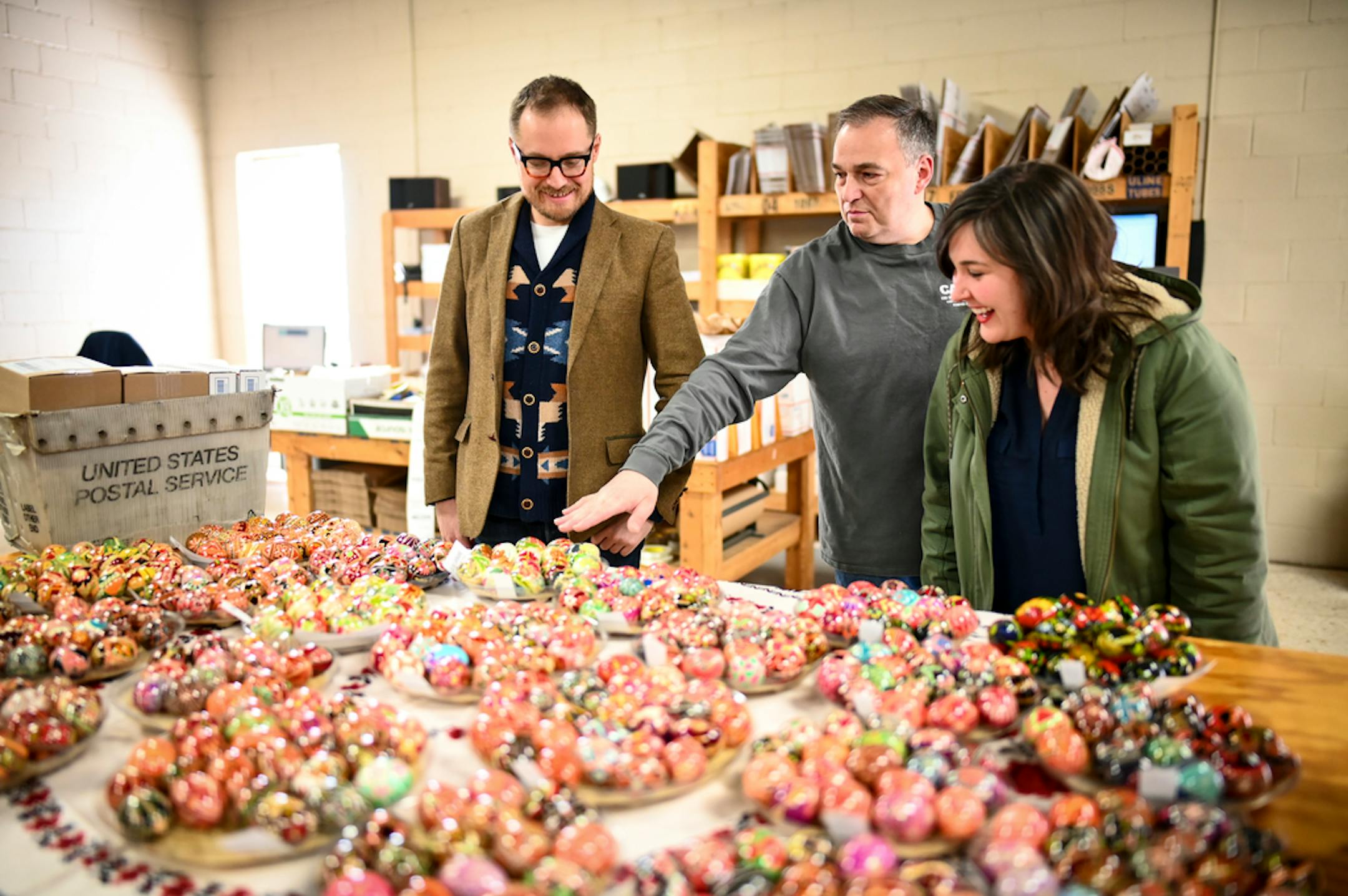 Andrew Park and Ashlea Halpern talked to Elko Perchyshyn, center, the owner of the North Side's "Ukranian Gift Shop," about his store's pysanky eggs, Thursday. ] Aaron Lavinsky ¥ aaron.lavinsky@startribune.com Ashlea Halpern and her partner Andrew Park are travel writers for major national magazines. After living all over the world, they decided to move back to the U.S. Guided by an elaborate spreadsheet, they embarked on a yearlong road trip to check out 229 cities and towns before settling on.