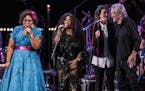 (L-R) La Marisoul, Chaka Khan, Brandi Carlile and Kris Kristofferson perform during Joni 75 at The Dorothy Chandler Pavilion on November 6, 2018 in Lo
