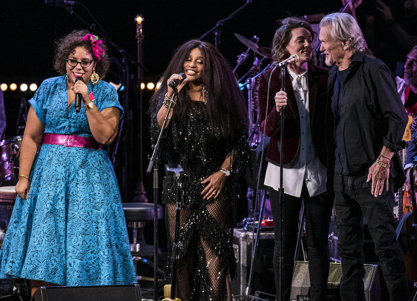 (L-R) La Marisoul, Chaka Khan, Brandi Carlile and Kris Kristofferson perform during Joni 75 at The Dorothy Chandler Pavilion on November 6, 2018 in Los Angeles, California.