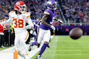 L'jarius Sneed (38) Kansas City Chiefs tangled up with Minnesota Vikings receiver Jordan Addison (3) in the fourth quarter. No flag on the play. A fla