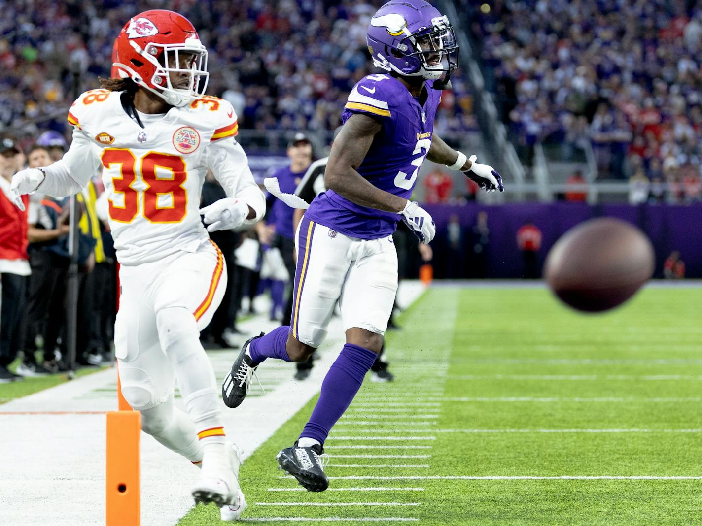 L'jarius Sneed (38) Kansas City Chiefs tangled up with Minnesota Vikings receiver Jordan Addison (3) in the fourth quarter. No flag on the play. A flag was thrown on the next play involving Addison but no penalty was called on the play.