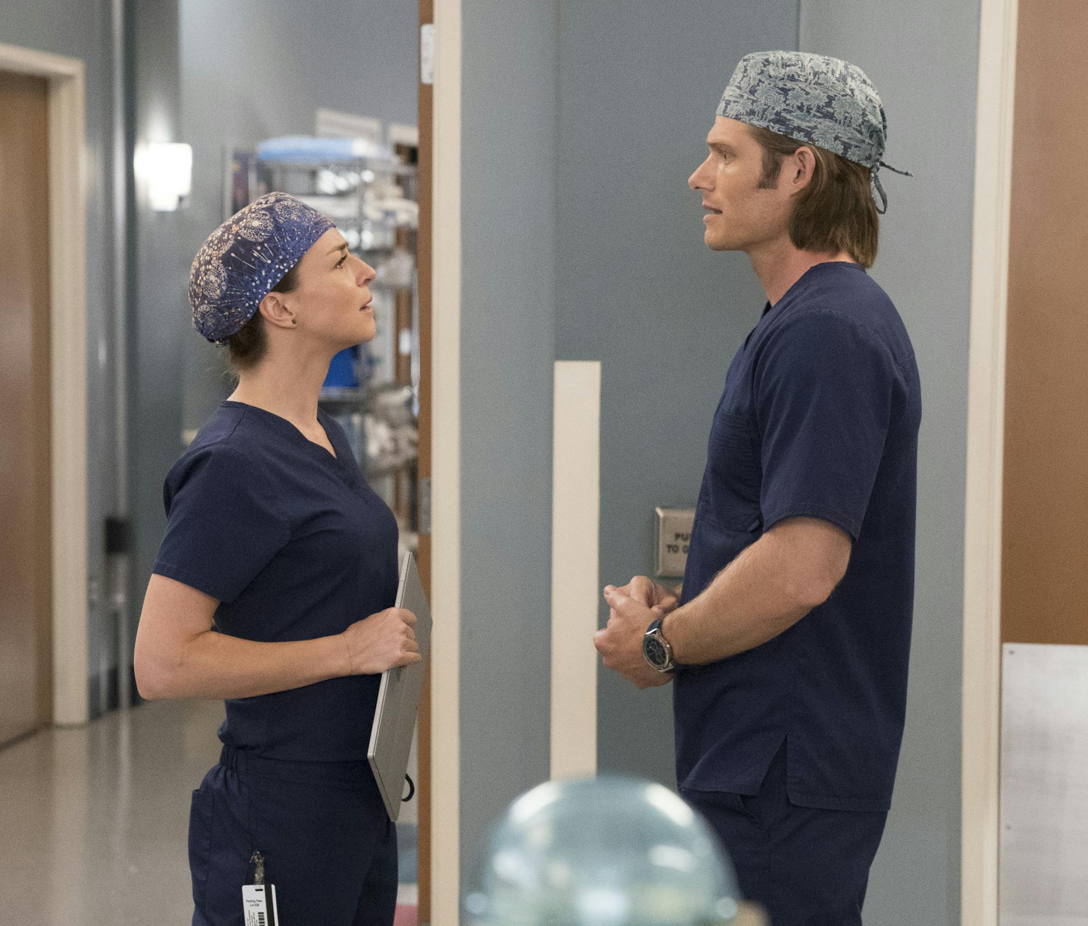 GREY'S ANATOMY - "Gut Feeling" - Meredith works on a patient who happens to specialize in matchmaking, and a seemingly drunk patient pushes Richard's buttons and gives him a medical mystery to solve. Meanwhile, Maggie tries to reach Teddy after bearing the burden of her secret becomes overwhelming as she struggles with issues in her own personal life on "Grey's Anatomy," THURSDAY, OCT. 4 (8:00-9:01 p.m. EDT), on The ABC Television Network. (ABC/Mitch Haaseth)
CATERINA SCORSONE, CHRIS CARMACK