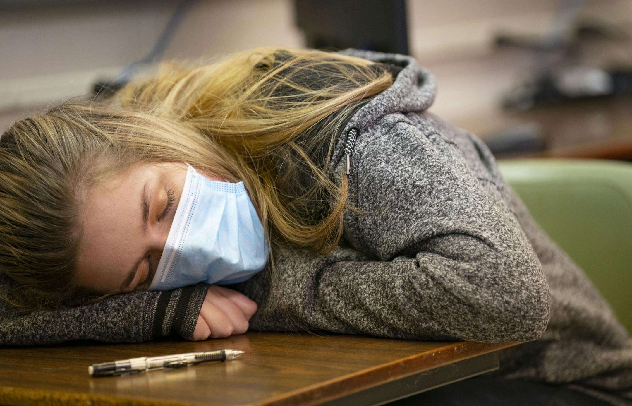 Madison Kusnierek, a senior at Carlton High School, rested her eyes for a moment in Michael Rosen's business class on Tuesday.