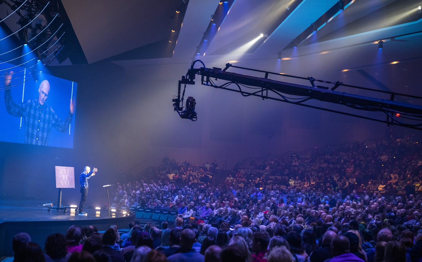 Senior pastor Bob Merritt delivered the sermon at Eagle Brook Church while being filmed for a live feed. The church invested in a $5 million video production studio as part of its online outreach.