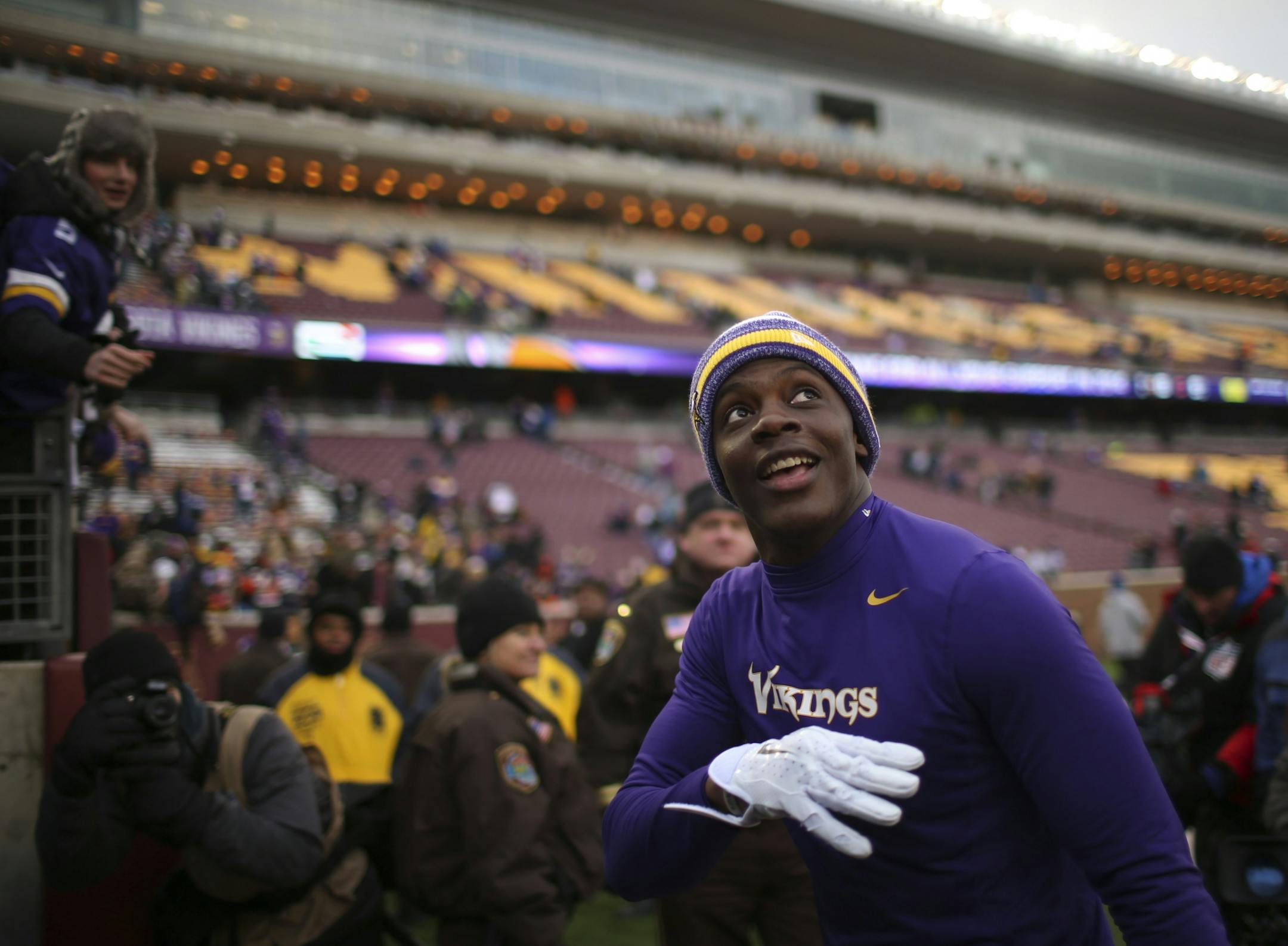 Minnesota Vikings quarterback Teddy Bridgewater (5) watched after he tossed a towel up to a fan as he ran off the field after the Vikings win Sunday afternoon at TCF Bank Stadium.
