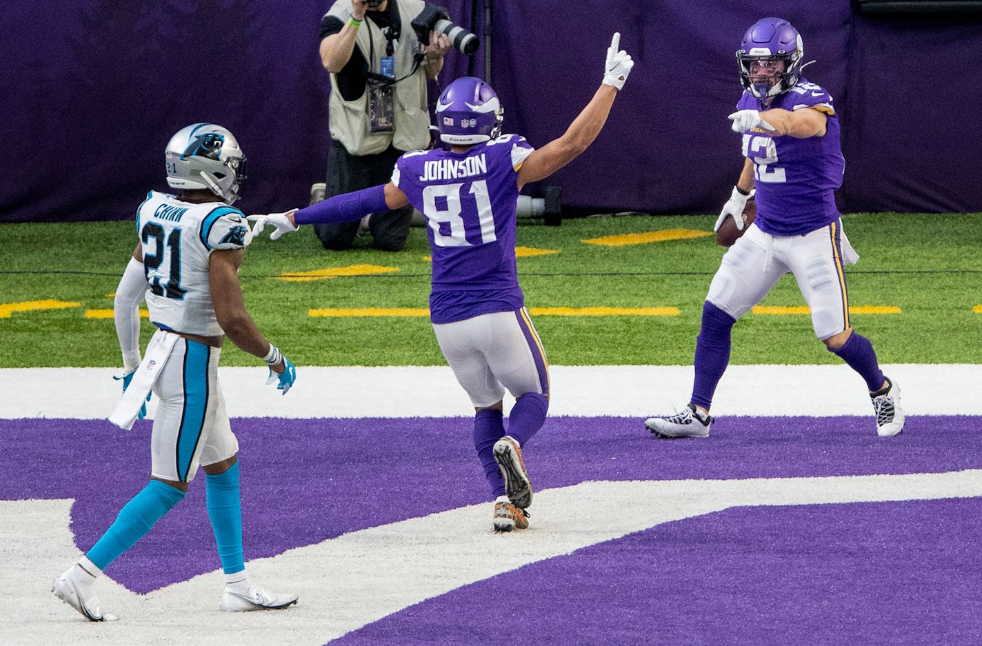 Vikings receiver Chad Beebe celebrated with Bisi Johnson after catching a touchdown pass in the fourth quarter.