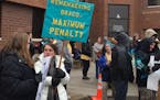 Dozens of protesters rallied outside the Sherburne County Courthouse Wednesday, calling for harsh punishment for Anthony Sather, 25, who videotaped hi