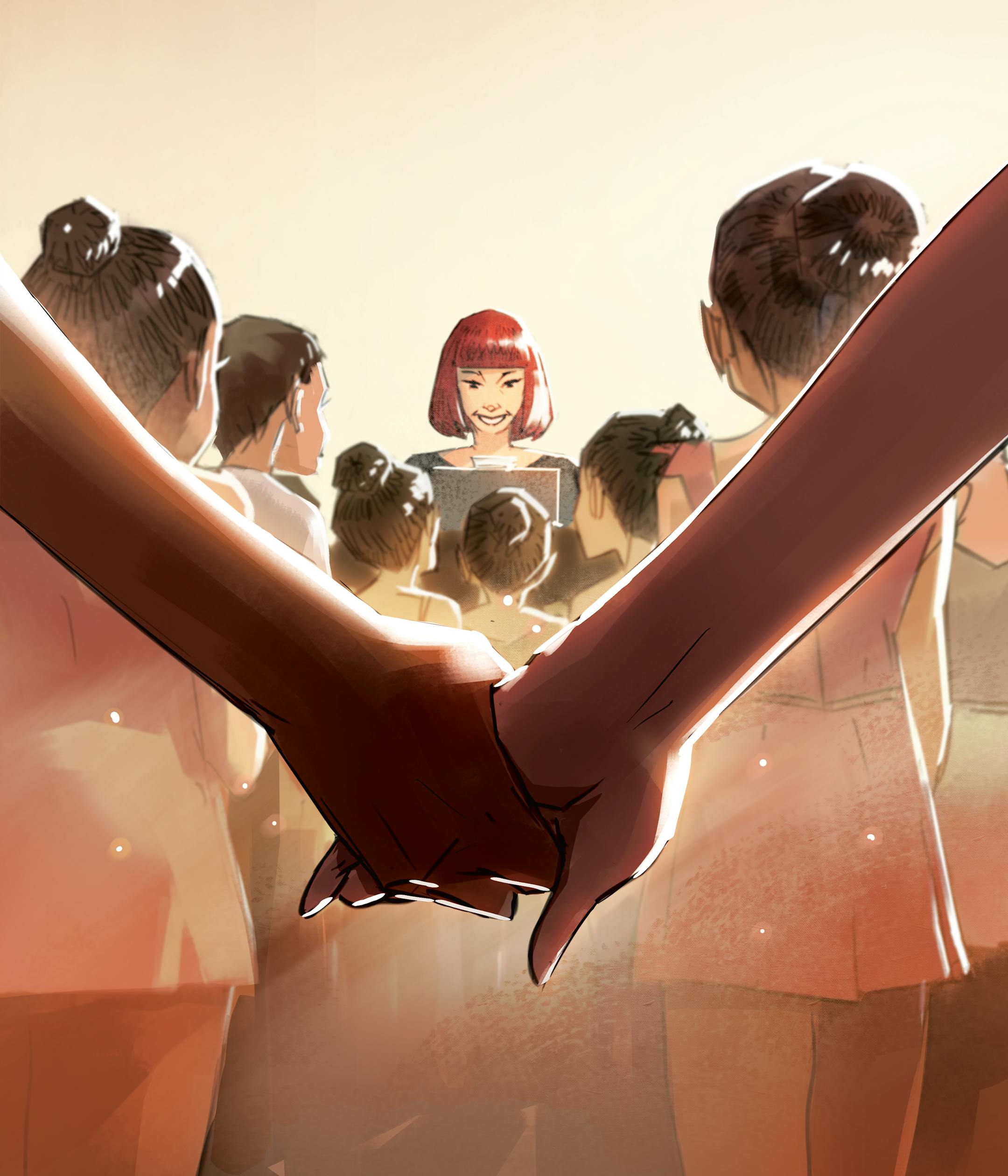 painting of dancers, with two dancers holding hands in the foreground