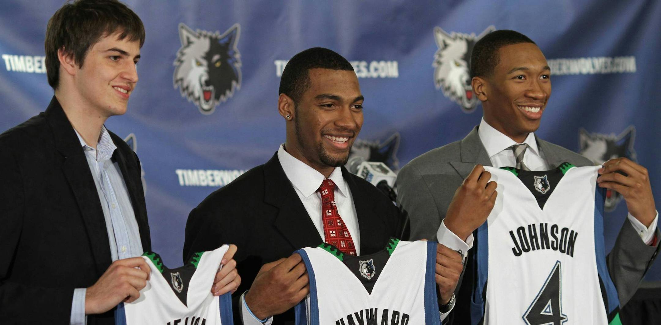 The Minnesota Timberwolves introduced their draft picks, from left to right, Nemanja Bjelica, Lazar Hayward and Wesley Johnson during a press conference at Target Center Friday June 25, 2010. (AP Photo/Star Tribune,Bruce Bisping)