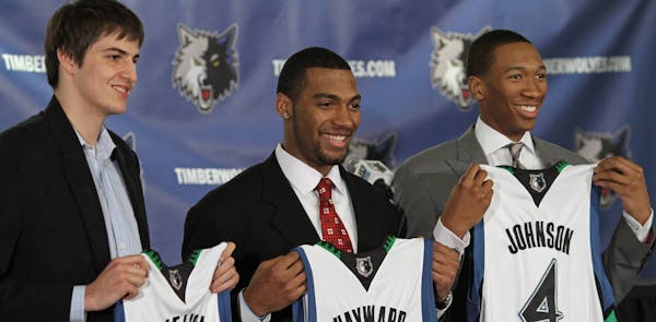 The Minnesota Timberwolves introduced their draft picks, from left to right, Nemanja Bjelica, Lazar Hayward and Wesley Johnson during a press conferen