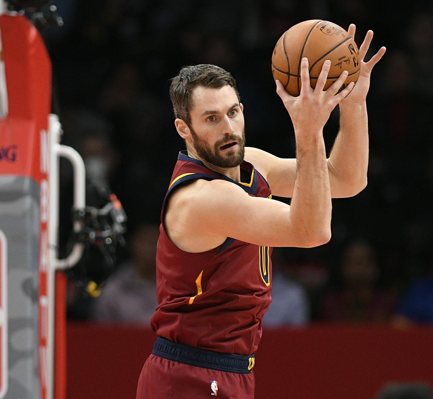 Cleveland Cavaliers forward Kevin Love (0) grabs the ball during the second half of an NBA basketball game against the Washington Wizards, Friday, Nov. 8, 2019, in Washington. The Cavaliers won 113-100. (AP Photo/Nick Wass) ORG XMIT: VZN10