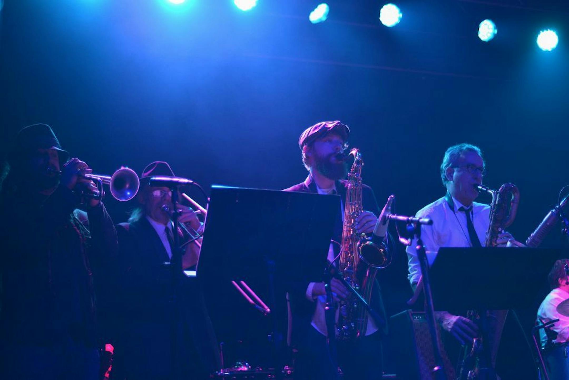 Members of the Brass Messengers join Gospel Machine uring the second half of the Current's eleventh birthday bash at First Avenue's main room.