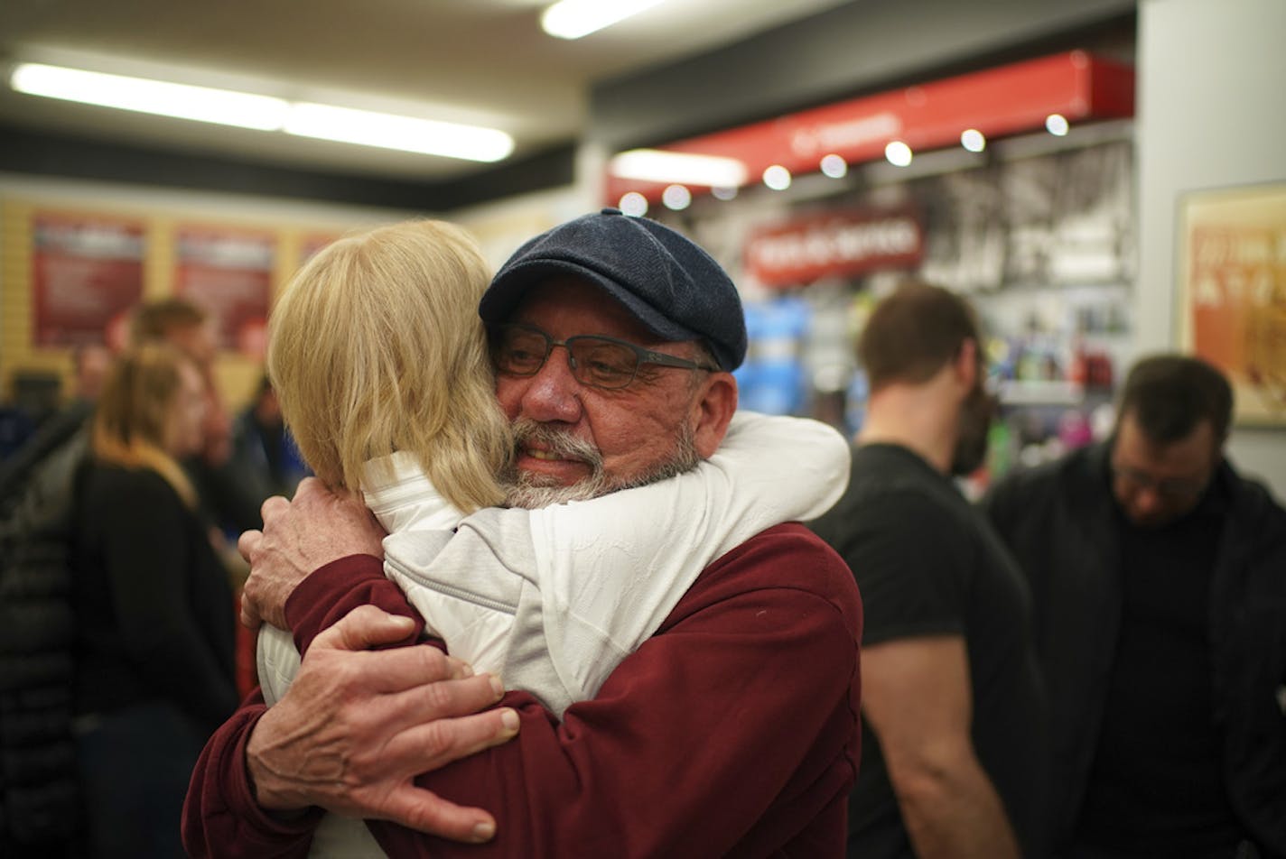 Anne Berg, and her dad, Donald Egerer, left, were among those who came into Penn Cycle at closing to wish the best for owner Pat Sorenson. Berg's dad bought her first bicycle - a green Schwinn English racer - at the shop and the families went on to became friends over the years. Berg gave Sorenson a hug before they left. ] JEFF WHEELER &#x2022; jeff.wheeler@startribune.com After 61 years in business, Penn Cycle closed it's doors at the end of business Monday evening, March 18, 2019. Employees fr