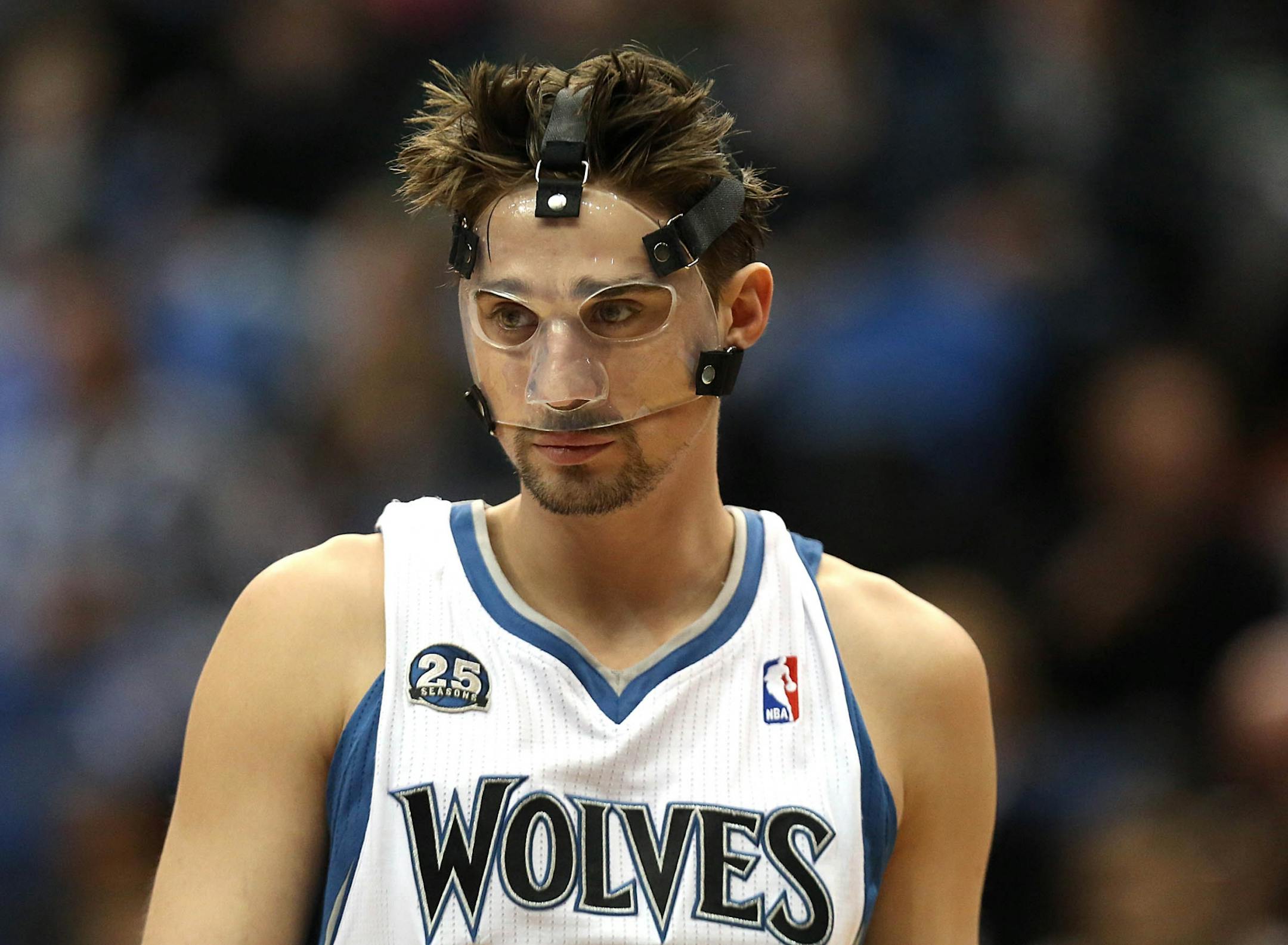 Timberwolves' Alexey Shved wore a protective mask while playing.