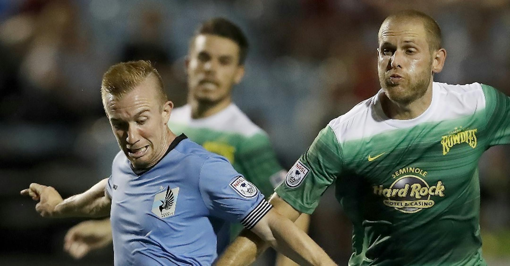 Keith Savage (right, shown in an Aug. 17 game against Minnesota United) scored three minutes into stoppage time to give host Tampa Bay a 2-2 tie with Minnesota United FC on Wednesday night.