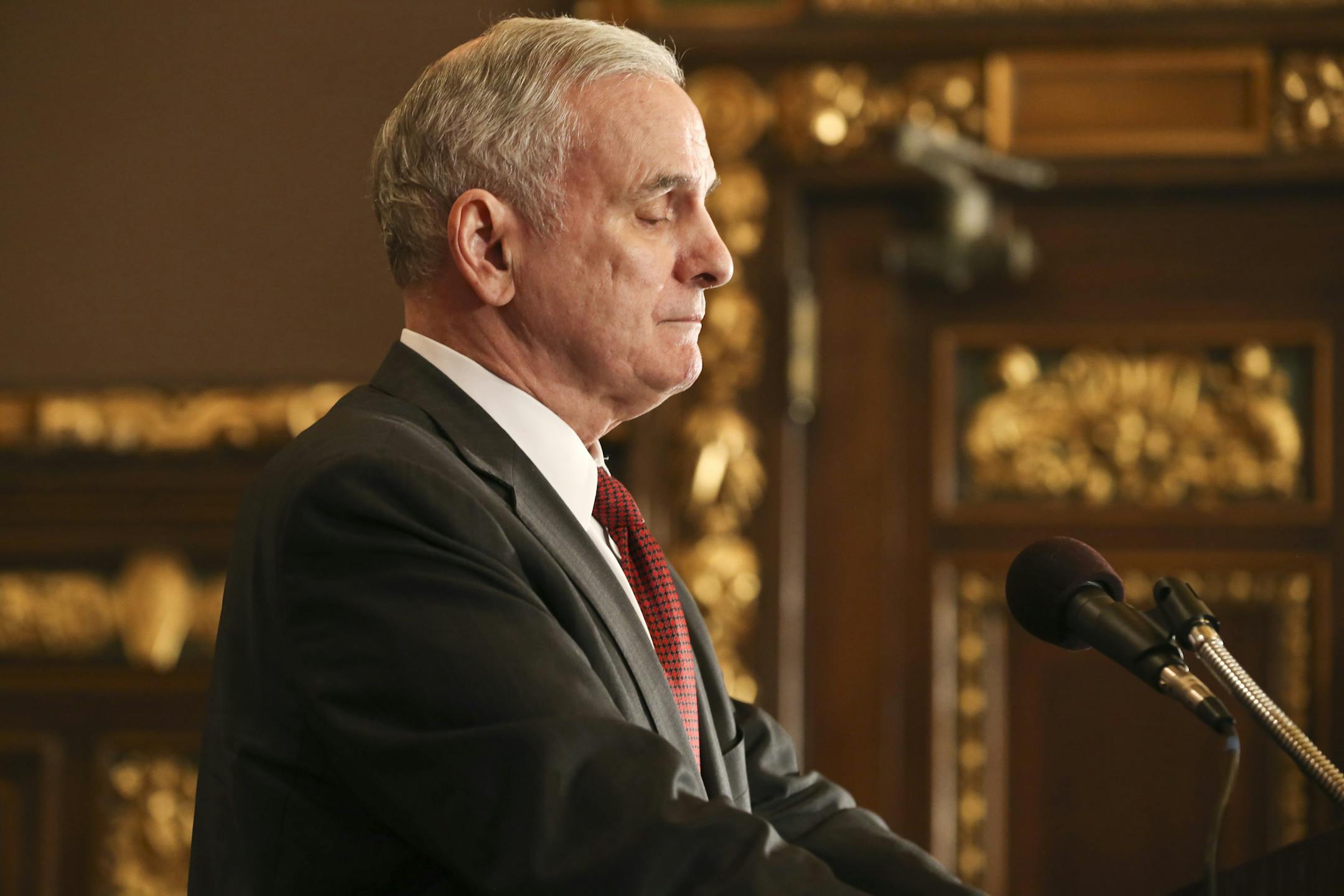 Gov. Mark Dayton paused after he denied suggestion that he told a mother of sick child to buy marijuana off the street, during a press conference at the State Capitol in St. Paul, Minn., on Friday, March 28, 2014. (RENEE JONES SCHNEIDER • reneejones@startribune.com)
