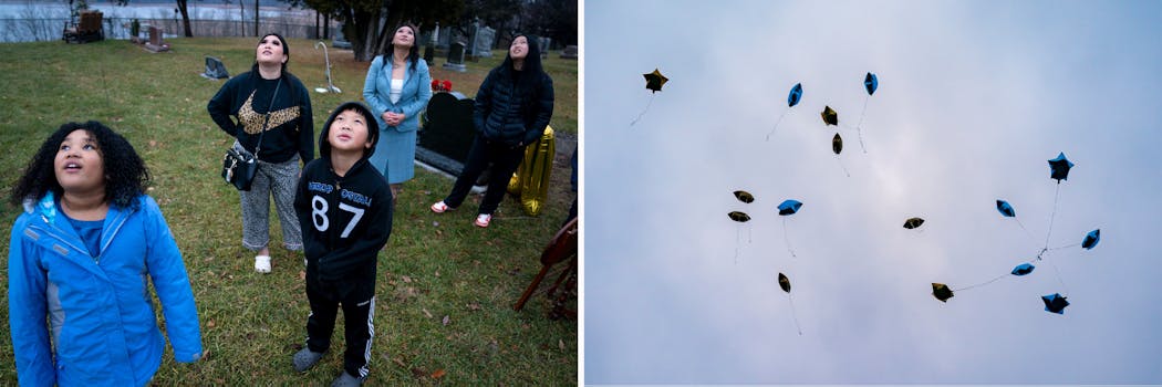 Left: Jin Taylor’s family watches at the balloons written with messages him float into the sky at Jin Taylor’s gravesite for his would-be-16th birthday in Chisago City on Dec. 16, 2023. Right: 16 balloons, each with a message to Jin written on him, float into the sky after being released by members of Jin’s family at his gravesite for his would-be-16th birthday in Chisago City on Dec. 16, 2023.