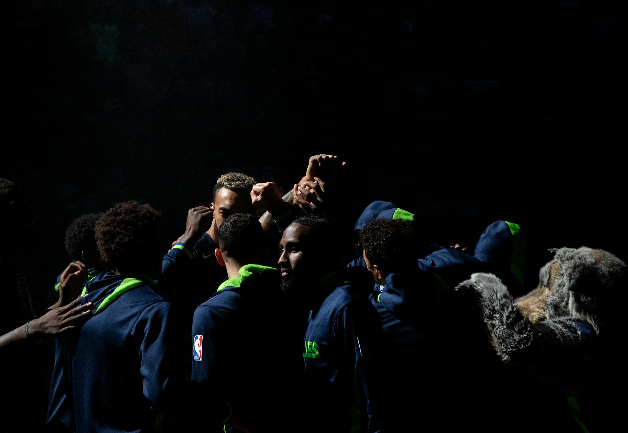 Minnesota Timberwolves players huddle up before the start of the game Wednesday, October 26, 2022, at Target Center in Minneapolis, Minn.
