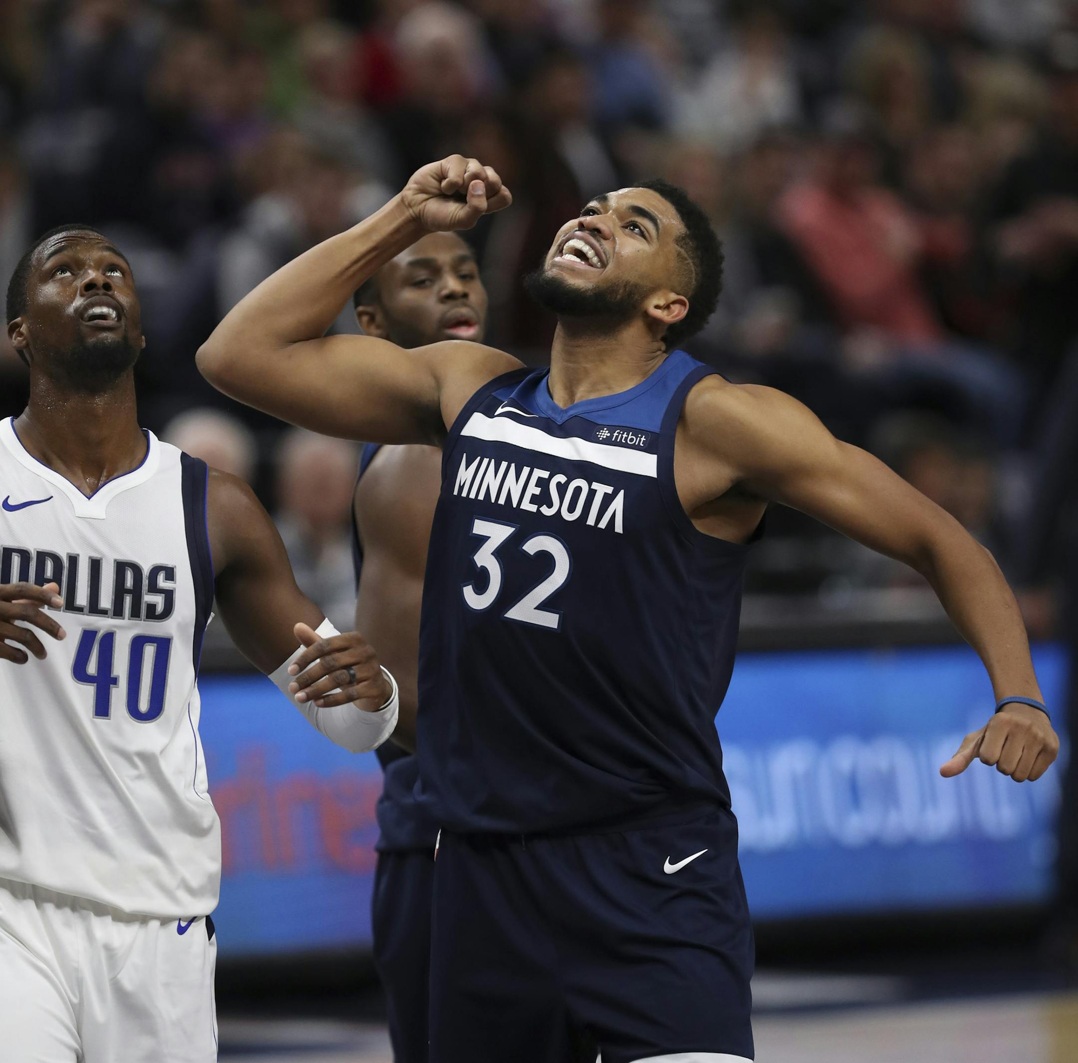 Minnesota Timberwolves center Karl-Anthony Towns (32) reacted to being fouled in the third quarter. He finished with a game high 28 points. ] JEFF WHEELER ï jeff.wheeler@startribune.com The Minnesota Timberwolves beat the Dallas Mavericks 97-92 in an NBA basketball game Sunday evening, December 10, 2017 game at Target Center in Minneapolis.