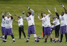 Vikings offensive lineman warmed up during the Vikings first organized full-team practice of the offseason at Winter Park Wednesday May 23, 2017 in Ed
