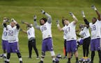 Vikings offensive lineman warmed up during the Vikings first organized full-team practice of the offseason at Winter Park Wednesday May 23, 2017 in Ed