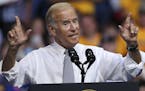 Vice President Joe Biden addresses a gathering during a campaign rally with Democratic presidential candidate Hillary Clinton Monday, Aug. 15, 2016, i