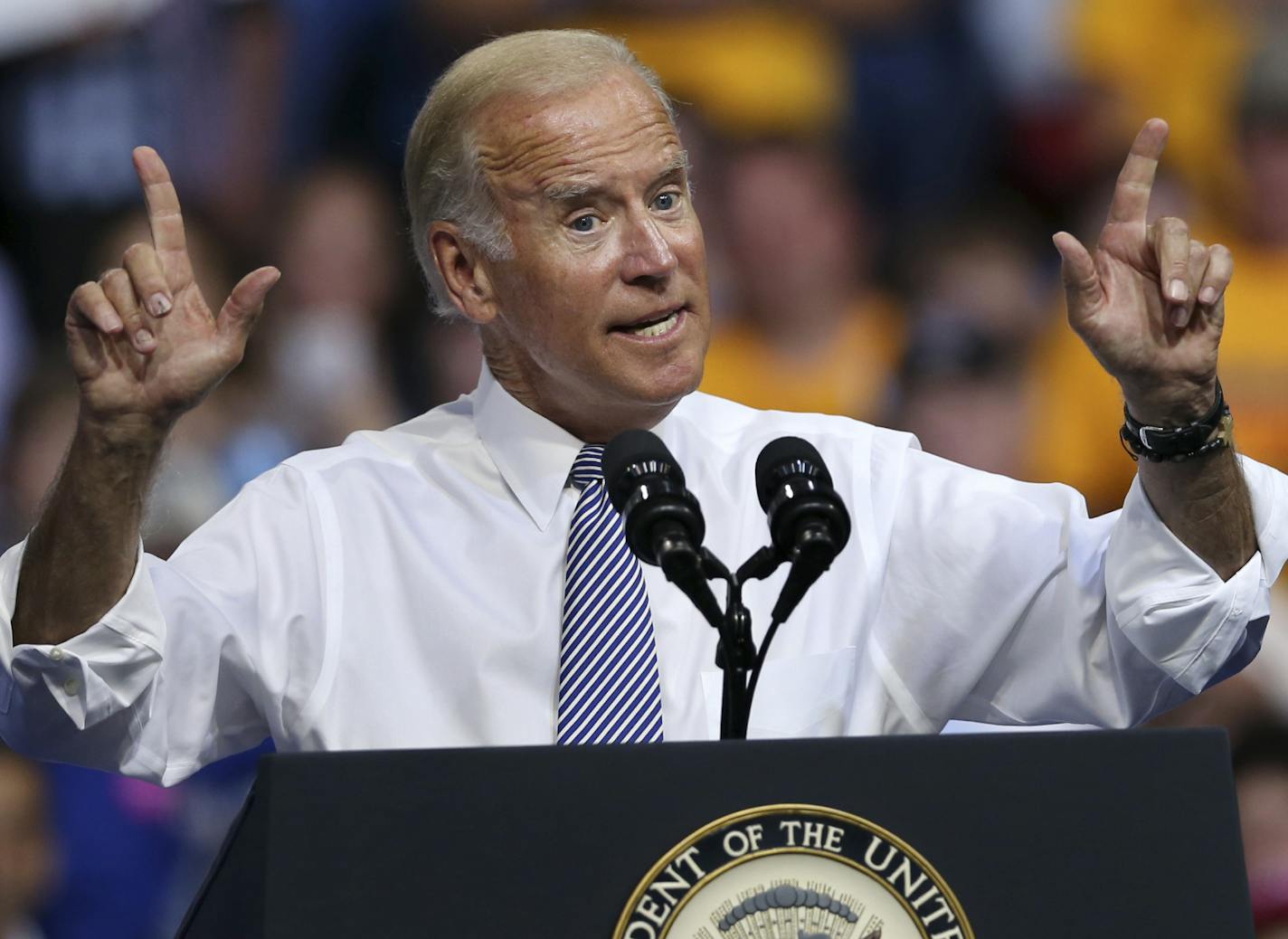 Vice President Joe Biden addresses a gathering during a campaign rally with Democratic presidential candidate Hillary Clinton Monday, Aug. 15, 2016, in Scranton, Pa. (AP Photo/Mel Evans)