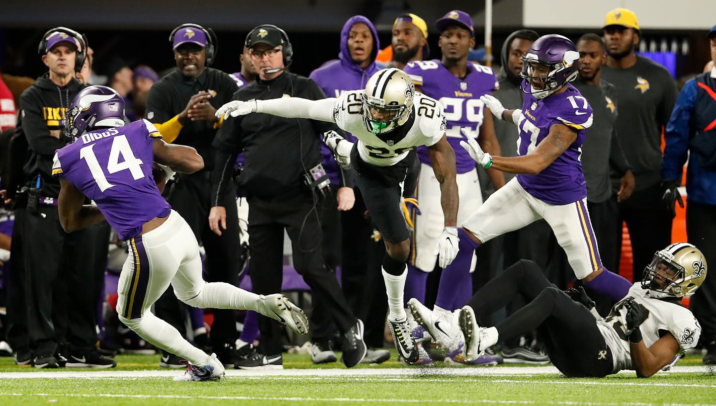 Vikings receiver Stefon Diggs says he's often asked about the "Minneapolis Miracle" -- his 61-yard touchdown reception on the game's final play to beat the Saints 29-24 in the NFC divisional round two years ago -- when he's approached by fans. ] CARLOS GONZALEZ ¥ cgonzalez@startribune.com - Minneapolis, MN - January 14 2018, US Bank Stadium, NFL, NFC Divisional Playoff, Minnesota Vikings vs. New Orleans Saints ORG XMIT: MIN1801150840303887 ORG XMIT: MIN1801151749134044