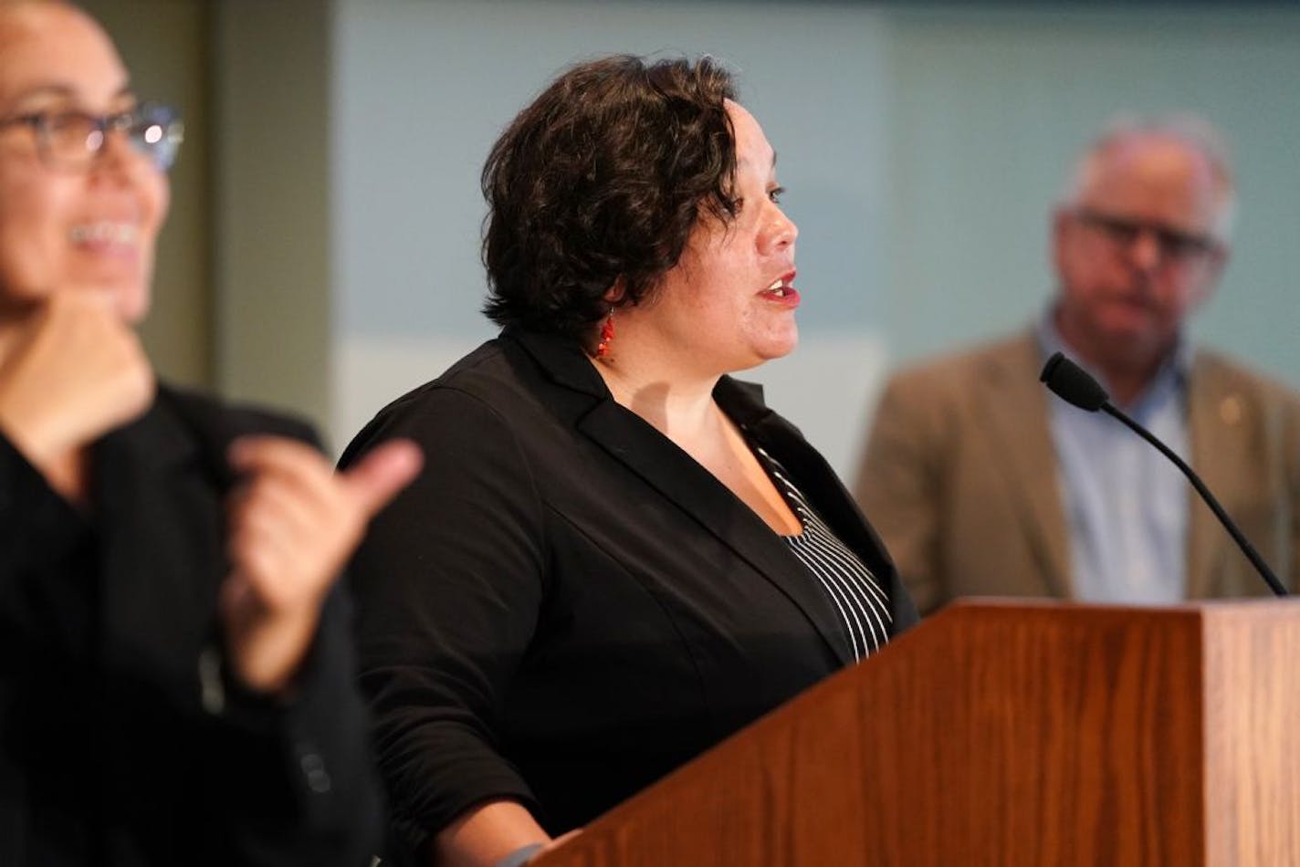 Minnesota Department of Human Rights Commissioner Rebecca Lucero spoke about the Minneapolis City Council's newly approved ban on choke holds for the Minneapolis Police Department during a press conference Friday.