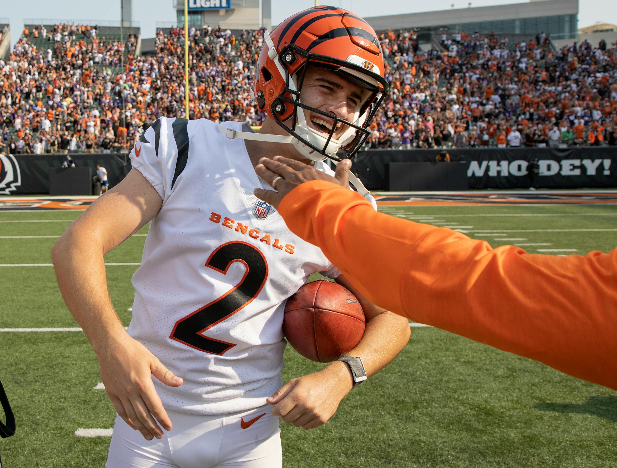 Cincinnati Bengals kicker Evan McPherson (2) at the end of the game. McPherson kicked the game winning field goal in overtime.