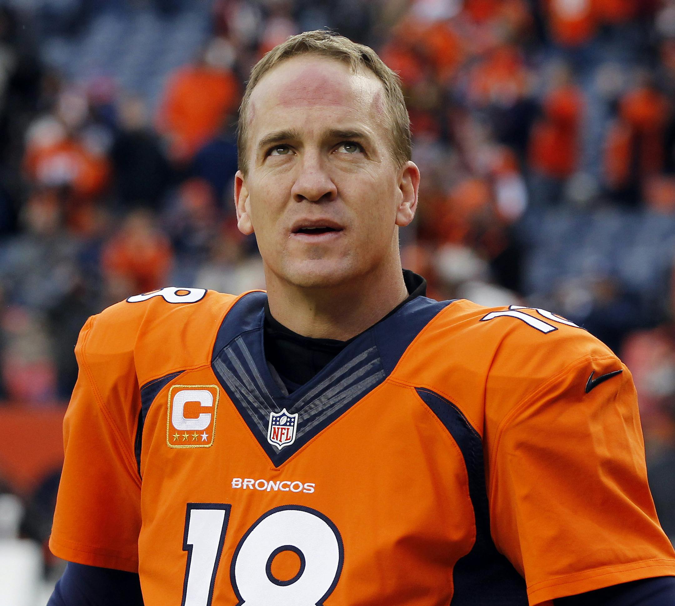 Denver Broncos quarterback Peyton Manning (18) takes the field for warm up's prior to an NFL divisional playoff football game against the Indianapolis Colts, Sunday, Jan. 11, 2015, in Denver. (AP Photo/Jack Dempsey) ORG XMIT: COMY