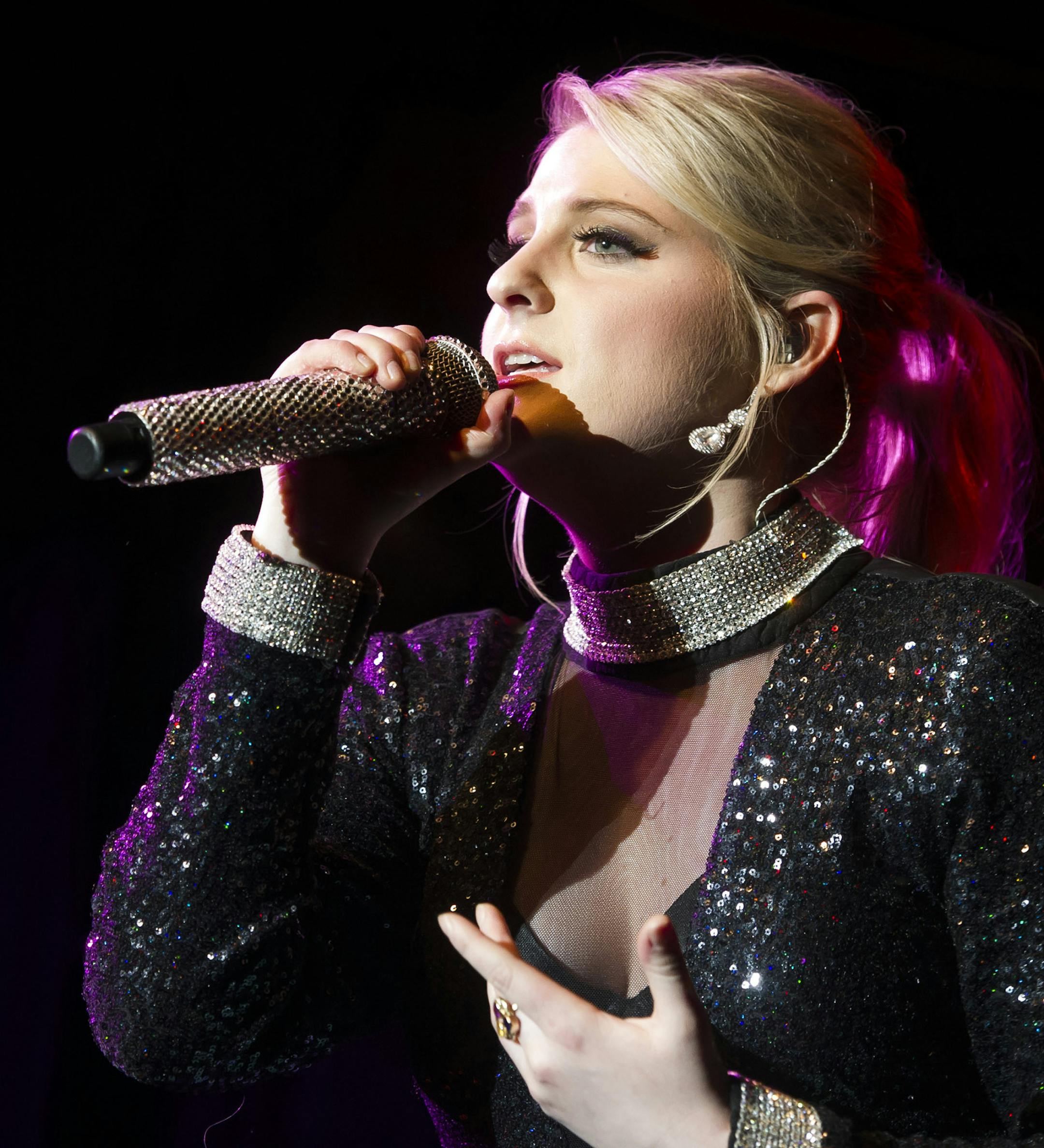 FILE - In this Friday, March 13, 2015, file photo, Meghan Trainor performs in concert at Irving Plaza in New York. Trainor announced on Instagram, Thursday, July 2, 2015, she is postponing two upcoming shows because of a hemorrhage on her vocal chords. (Photo by Charles Sykes/Invision/AP, File)