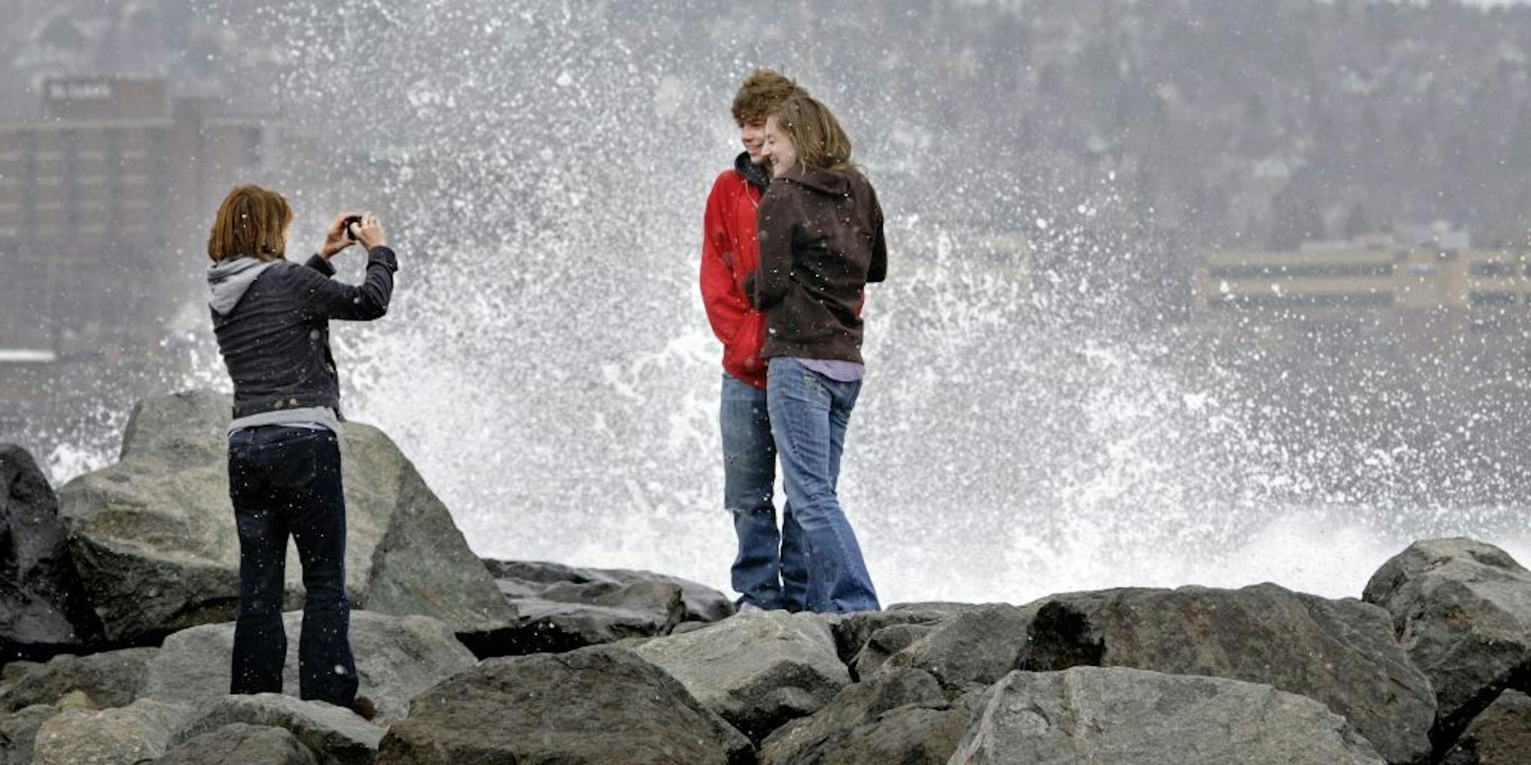 Duluth's downtown Lakewalk is a popular place in good weather or in bad, such as in 2012 when these 6-foot waves came crashing to shore.