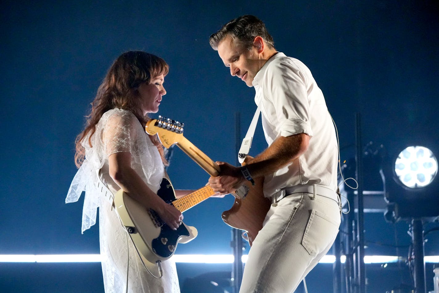 Jenny Lewis, left, and Ben Gibbard of The Postal Service perform on day two of Riot Fest on Saturday, Sept. 16, 2023, at Douglass Park in Chicago. (Photo by Rob Grabowski/Invision/AP) ORG XMIT: INVW