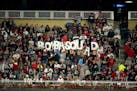 Fans held up a BombaSquad sign in the first inning of Game 3 of the Twins' American League Division Series vs. the Yankees in October. Baseball has no