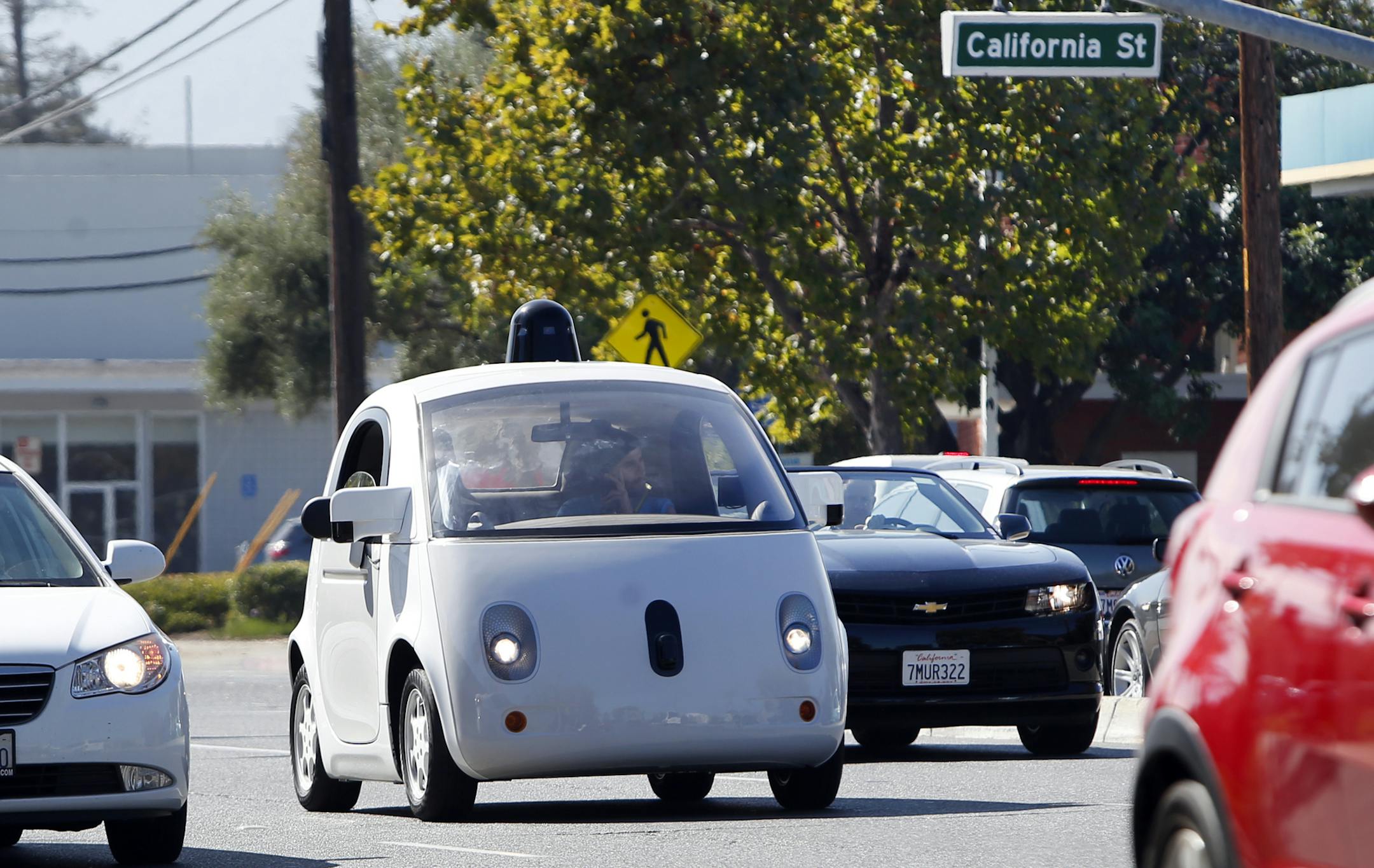 A Google self-driving car travels eastbound on San Antonio Road in Mountain View, Calif., on Wednesday, Oct. 22, 2015. (Karl Mondon/Bay Area News Group/TNS) ORG XMIT: 1175768