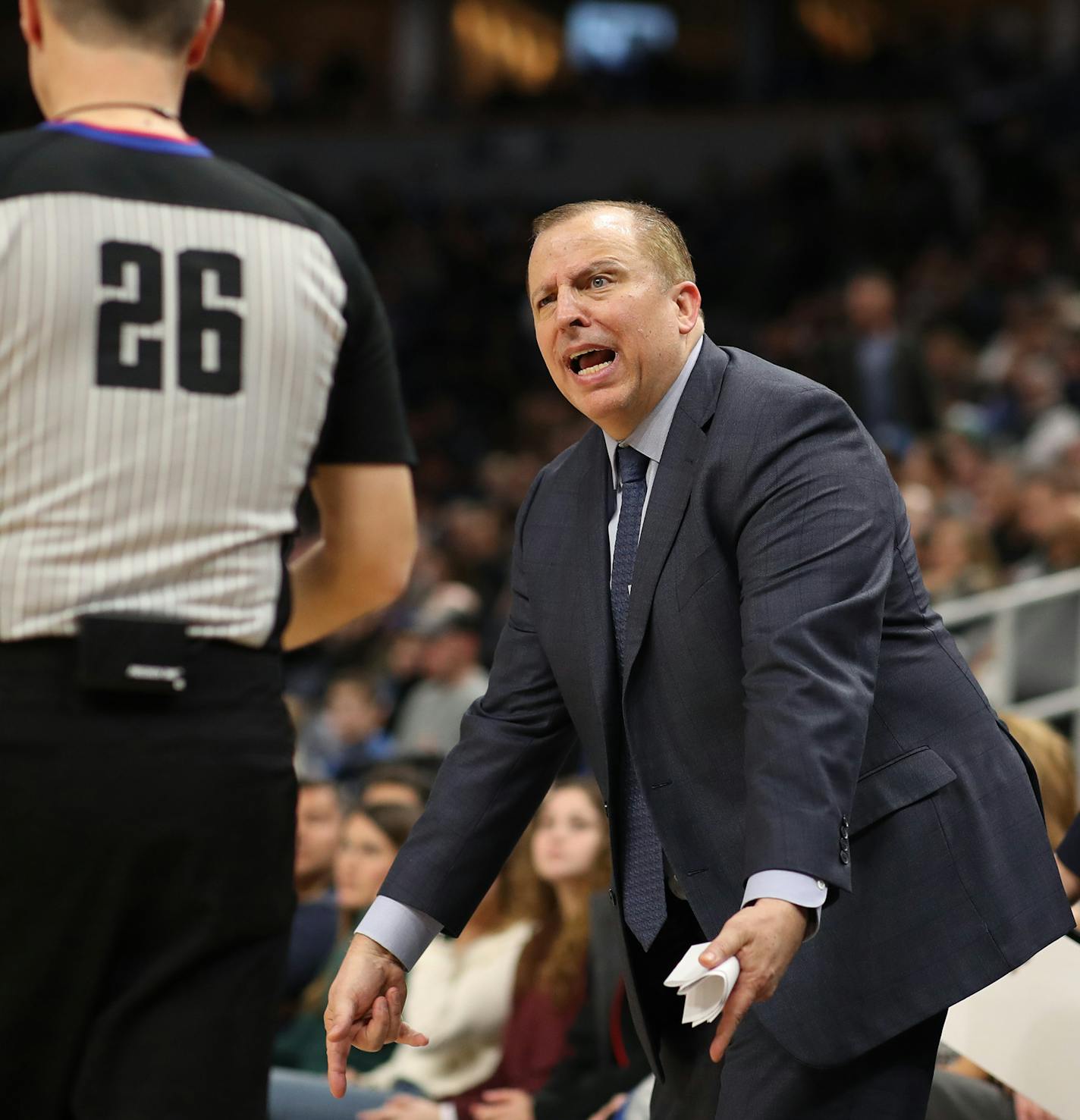 Minnesota Timberwolves head coach Tom Thibodeau yelled at officials Pat Fraher during NBA action at Target Center Tuesday December 12, 2017 in Minneapolis, MN.] The Minnesota Timberwolves hosted the Philadelphia 76ers at Target Center. JERRY HOLT &#xef; jerry.holt@startribune.com