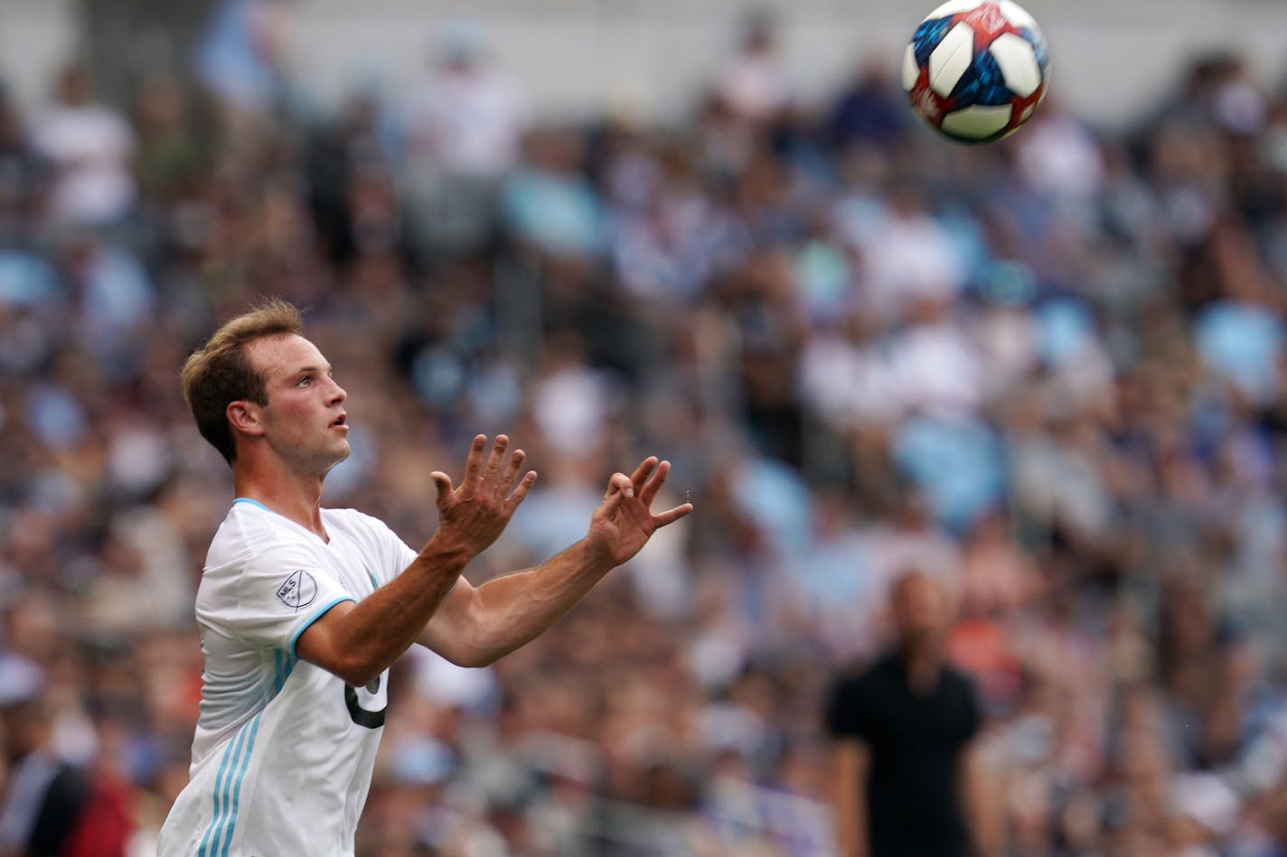 Minnesota United defender Chase Gasper (77) settled a long cross in the first half. ] ANTHONY SOUFFLE &#x2022; anthony.souffle@startribune.com The Minnesota United played FC Cincinnati in an MLS match Saturday, June 29, 2019 at Allianz Field in St. Paul, Minn.