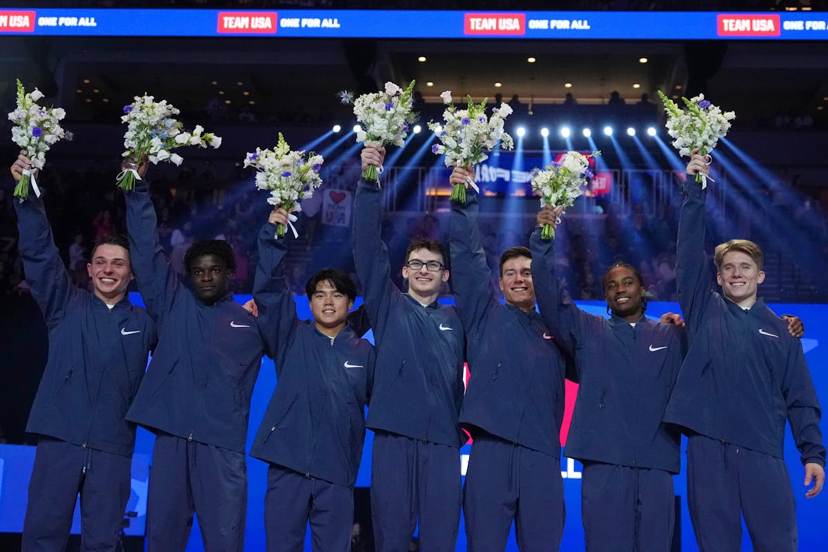 From left, gymnasts Paul Juda, Frederick Richard, Asher Hong, Stephen Nedoroscik, Brody Malone, Khoi Young and Shane Wiskus stand together after being