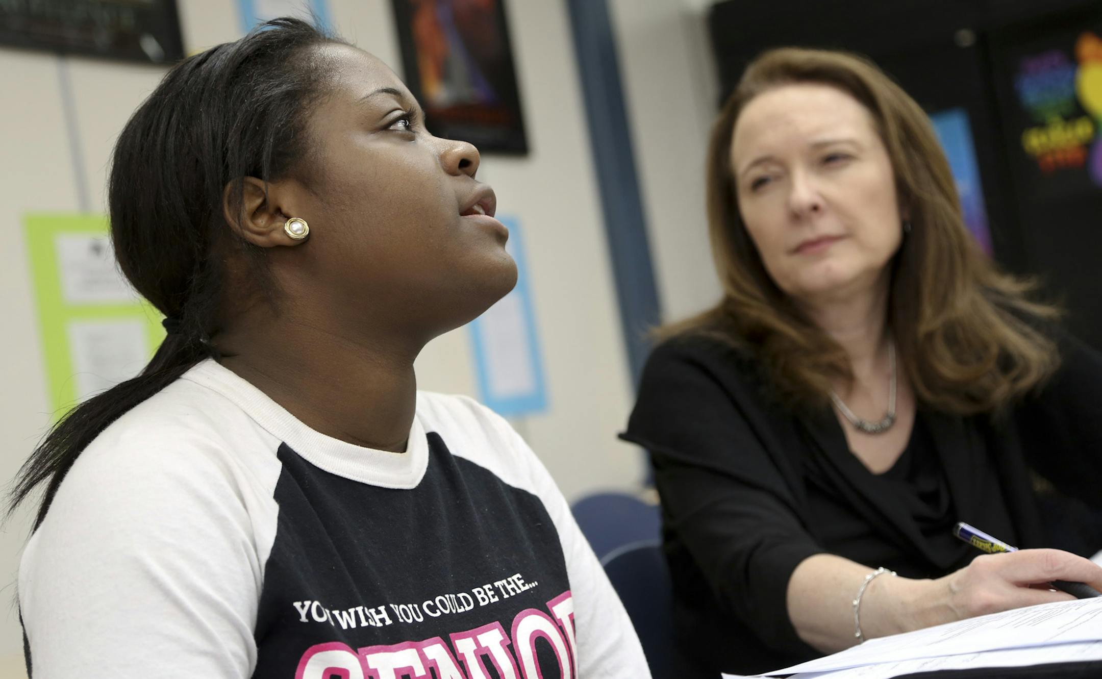 Head coach Pam Wycoff listened as senior Patricia Reeves talked about how she felt about her speech during practice for the state tournament in the speech and debate are of the Apple Valley High School inApple Valley, Min., Tuesday, April 16, 2013. ] (KYNDELL HARKNESS/STAR TRIBUNE) kyndell.harkness@startribune.com